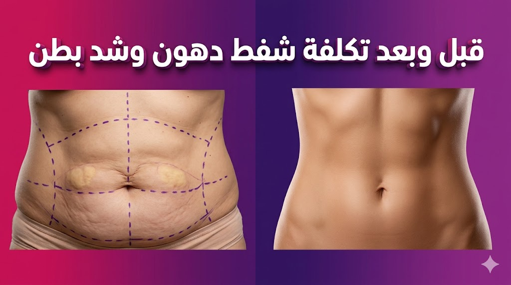  مقارنة واقعية قبل وبعد توضح نتائج تكلفة شفط دهون وشد بطن مع علامات جراحية وبشرة مشدودة ومثالية.