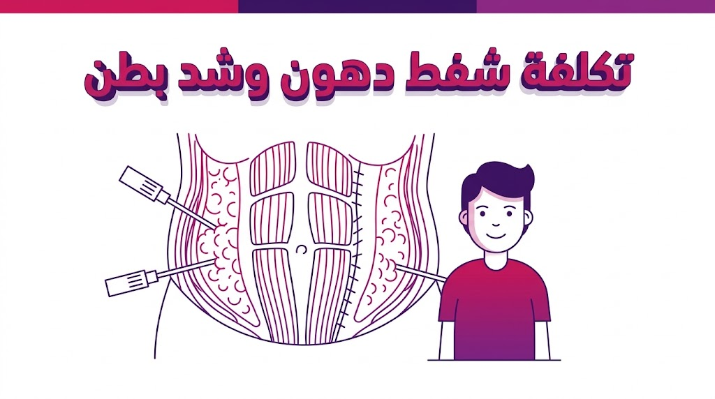  إنفوجرافيك طبي تشريحي يوضح عملية إزالة الدهون وشد العضلات ضمن تكلفة شفط دهون وشد بطن بأسلوب فني مسطح.
