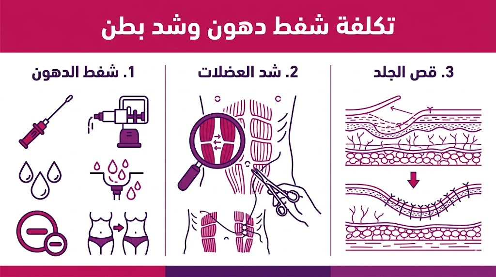 بوستر إنفوجرافيك تعليمي مقسم لثلاثة أجزاء يشرح مراحل العملية المتعلقة بـ تكلفة شفط دهون وشد بطن.