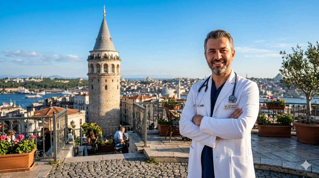 طبيب تجميل يقف أمام برج غالاتا في إسطنبول، يرمز لخدمات تكلفة شفط دهون وشد بطن بجودة طبية عالمية.