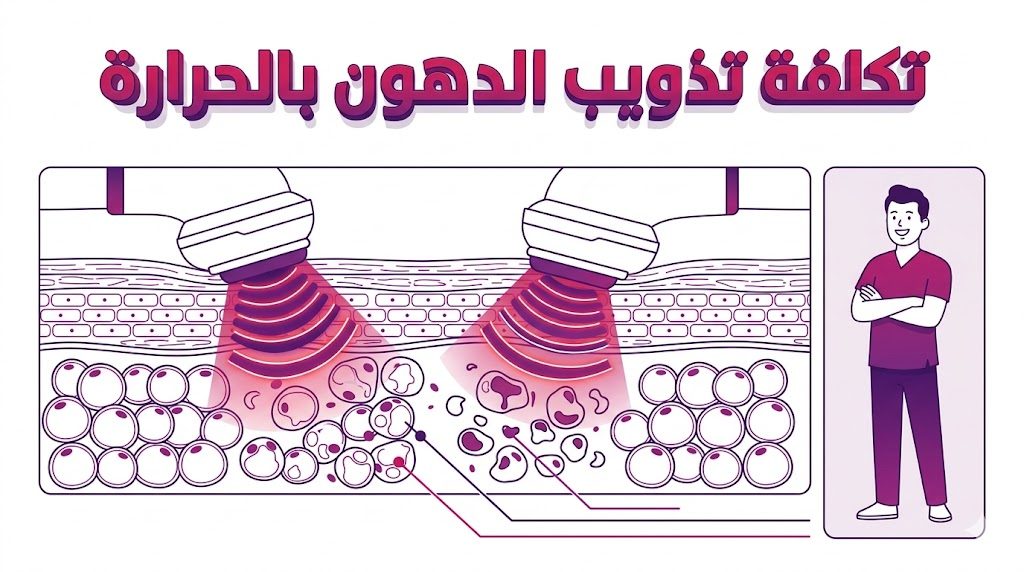 مخطط طبي تشريحي يوضح آلية عمل تقنيات تكلفة تذويب الدهون بالحرارة على الخلايا الدهنية تحت الجلد.