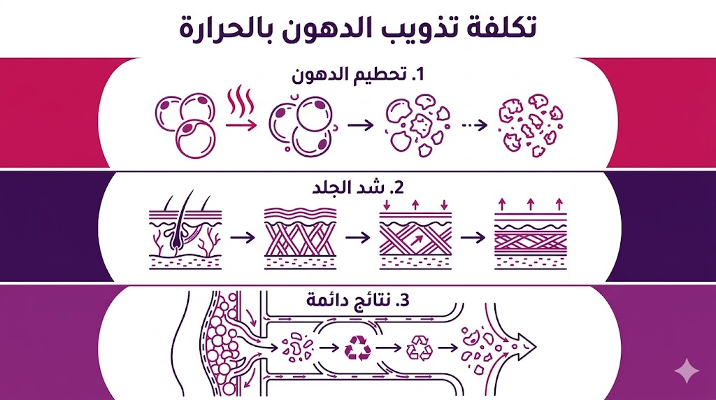 إنفوجرافيك طبي يوضح المراحل الثلاث لعملية تكلفة تذويب الدهون بالحرارة من التفتيت إلى شد الجلد.