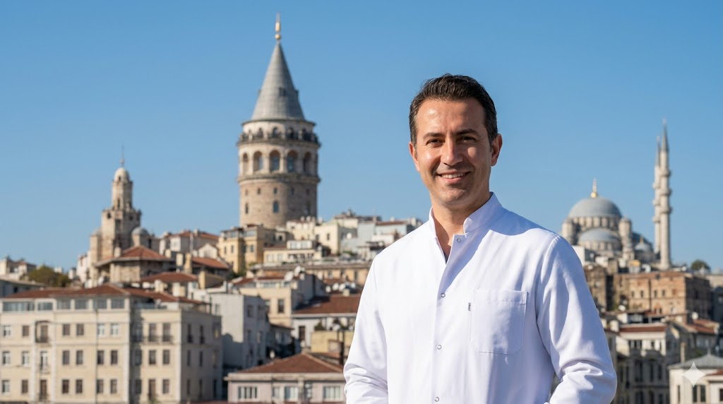 طبيب تجميل متخصص في تكلفة تذويب الدهون بالحرارة يقف أمام برج غالاتا التاريخي في إسطنبول.