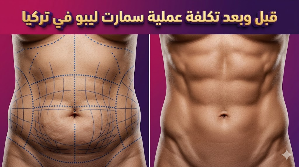 صورة مقارنة "قبل وبعد" توضح نتائج نحت الجسم والفرق الشاسع المرتبط بـ تكلفة عملية سمارت ليبو في تركيا.