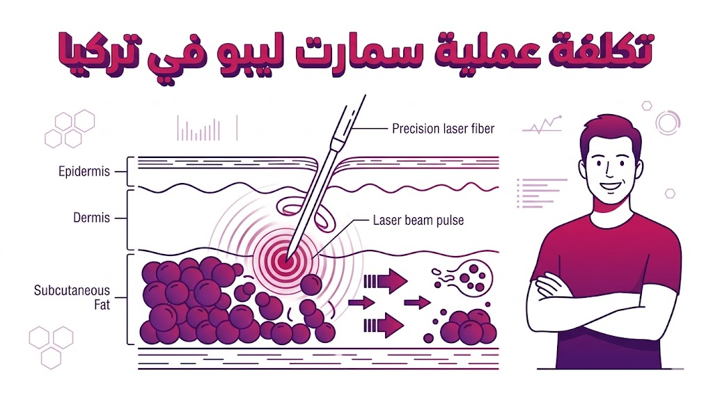 إنفوجرافيك طبي يوضح الآلية العلمية لشفط الدهون بالليزر وكيفية تحديد تكلفة عملية سمارت ليبو في تركيا بناءً على التقنية المستخدمة.