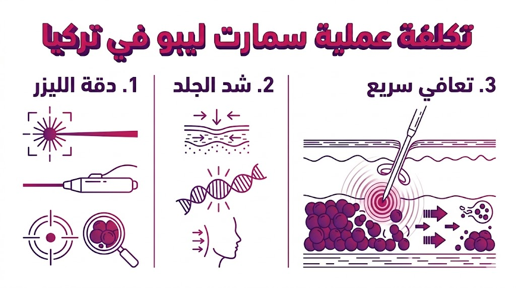 بوستر إنفوجرافيك مقسم لثلاثة أجزاء يشرح المزايا الطبية التي تؤثر على تكلفة عملية سمارت ليبو في تركيا.