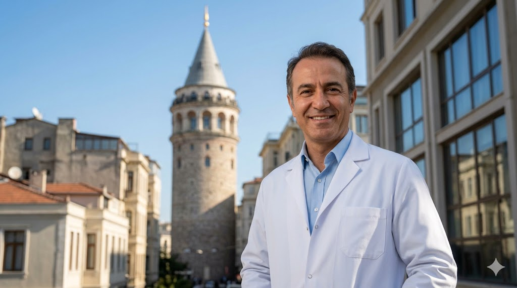  طبيب تجميل بملابس بيضاء يقف أمام برج غالاتا في إسطنبول، في إشارة إلى جودة الخدمات المرتبطة بـ تكلفة عملية سمارت ليبو في تركيا.
