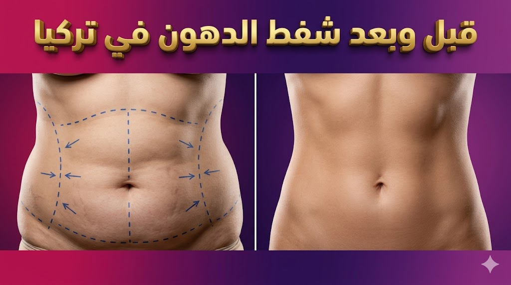 مقارنة واقعية قبل وبعد شفط الدهون في تركيا تظهر نحت البطن ونتائج العملية بوضوح.