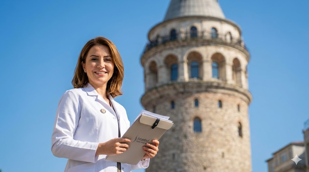  طبيبة تجميل متخصصة تقف أمام برج غالاتا في إسطنبول، تعبيراً عن جودة و تكلفة جراحة الثدي في تركيا.