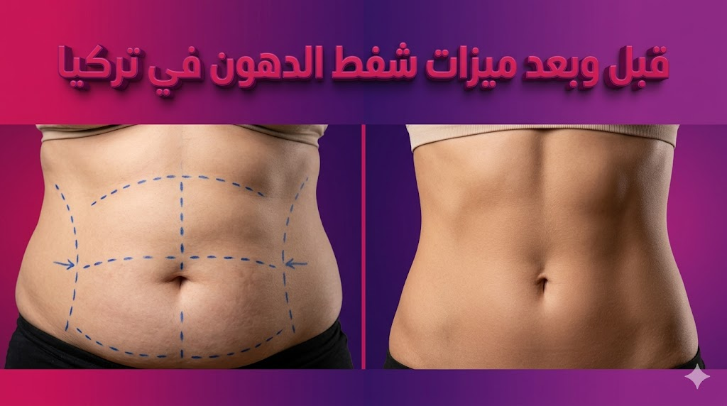  مقارنة واقعية قبل وبعد توضح ميزات شفط الدهون في تركيا على منطقة البطن مع تخطيط جراحي.