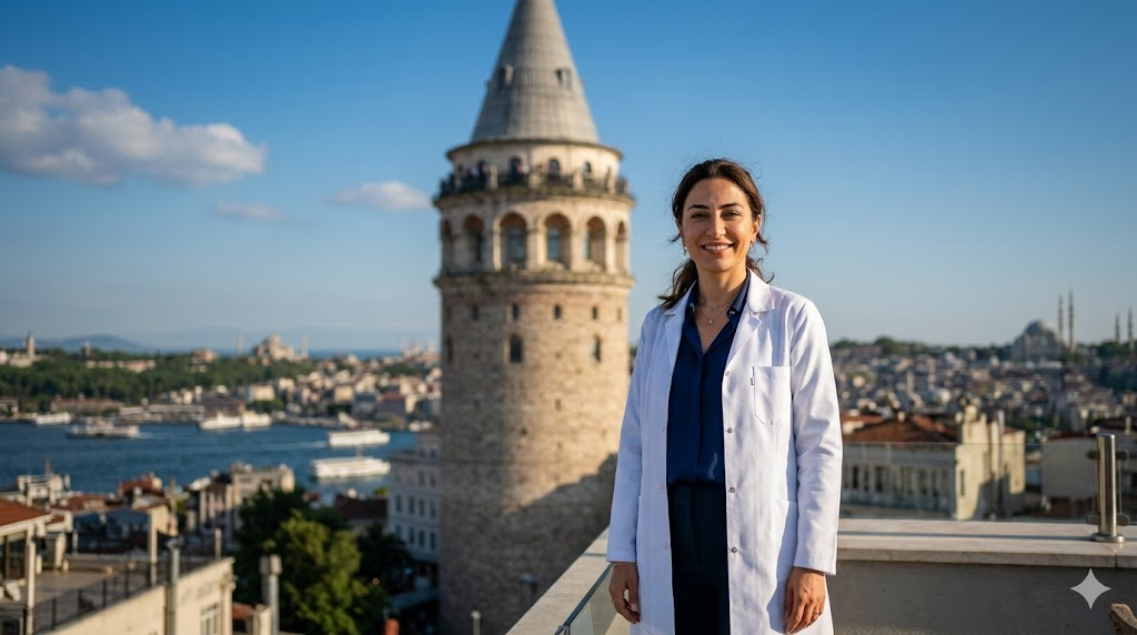 جراح تجميل خبير يقف أمام برج غالاتا في إسطنبول، مما يعكس ميزات شفط الدهون في تركيا كوجهة عالمية.