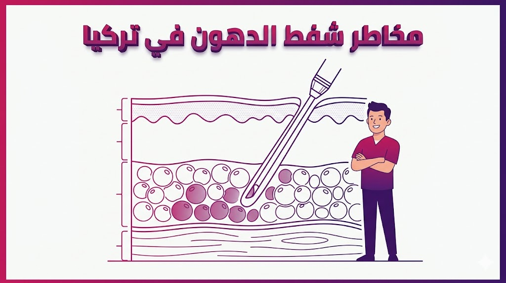  مخطط تشريحي تعليمي يوضح الطبقات الدهنية وكيفية إجراء العملية بأمان لتفادي مخاطر شفط الدهون في تركيا.