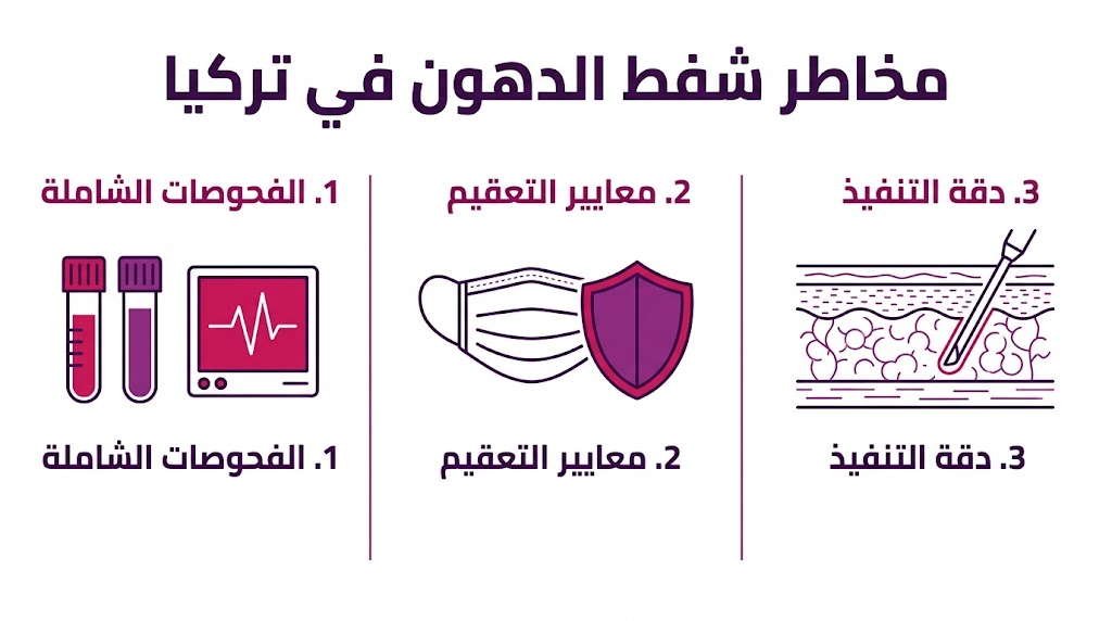  إنفوجرافيك طبي يوضح ثلاث خطوات أساسية للوقاية من مخاطر شفط الدهون في تركيا تشمل الفحوصات والتعقيم والدقة.