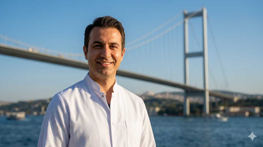  جراح تجميل خبير يقف أمام جسر البوسفور في اسطنبول لتقديم استشارات حول مخاطر شفط الدهون في تركيا.