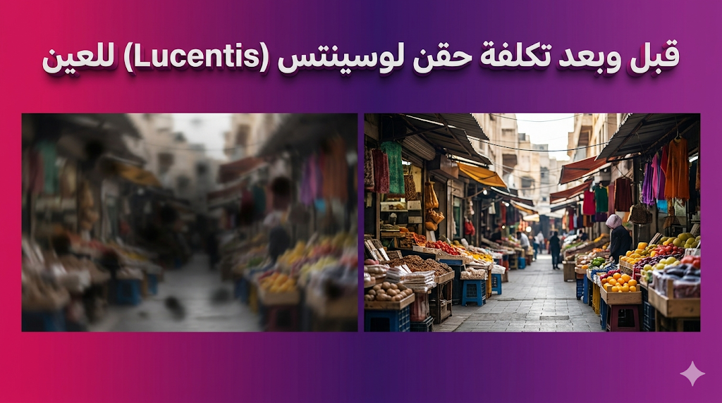 مقارنة توضح تحسن الرؤية قبل وبعد معرفة تكلفة حقن لوسينتس (Lucentis) للعين وعلاج ارتشاح الشبكية.