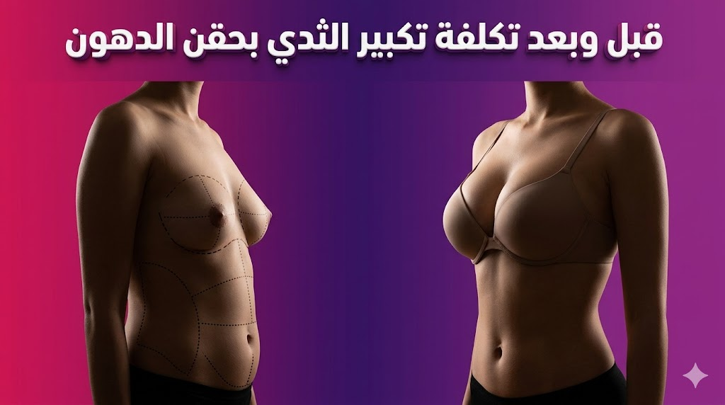 مقارنة قبل وبعد توضح نتائج تكلفة تكبير الثدي بحقن الدهون وتناسق القوام