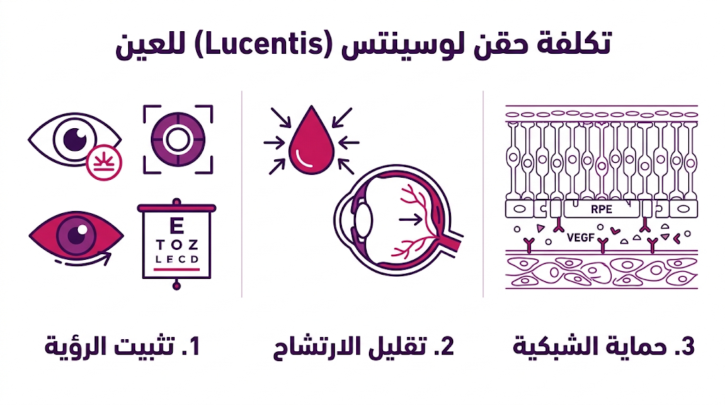 إنفوجرافيك طبي يوضح المزايا الثلاث الرئيسية المتعلقة بـ تكلفة حقن لوسينتس (Lucentis) للعين.
