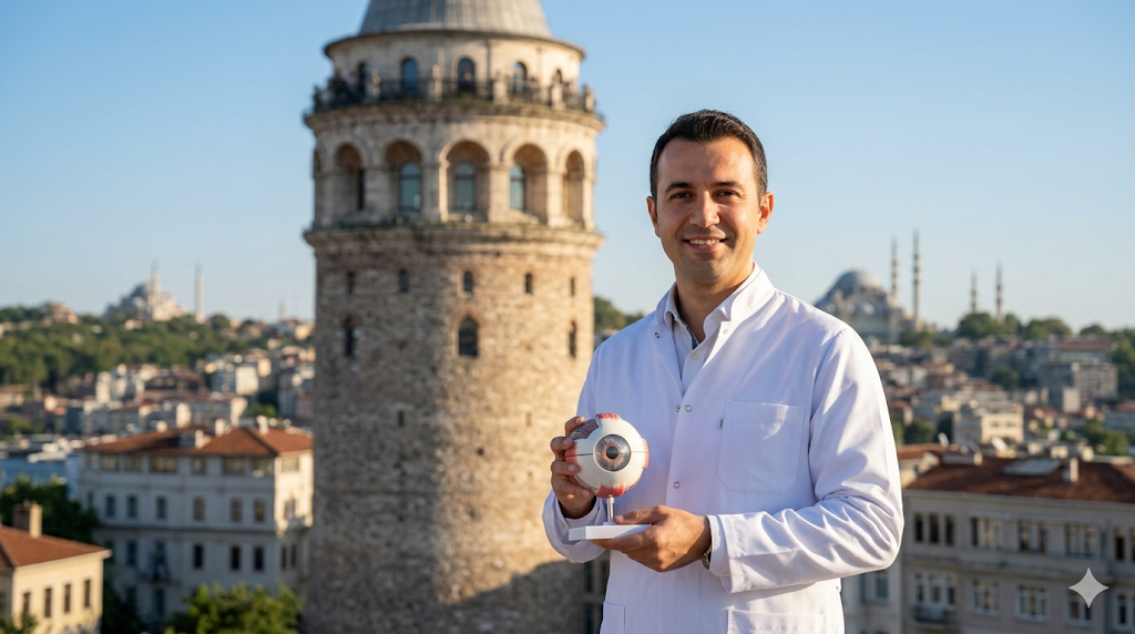 طبيب عيون مبتسم أمام برج غالاتا في اسطنبول كرمز لخدمات تكلفة حقن لوسينتس (Lucentis) للعين في تركيا.