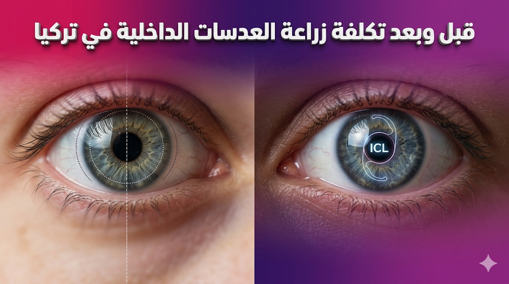 مقارنة قبل وبعد توضح نتائج العملية وتأثير تكلفة زراعة العدسات الداخلية في تركيا على وضوح الرؤية.