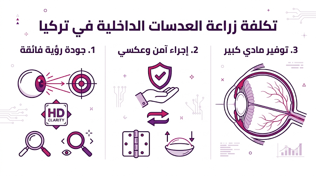 بوستر معلوماتي يوضح مميزات واقتصادية تكلفة زراعة العدسات الداخلية في تركيا من خلال ثلاثة محاور رئيسية.