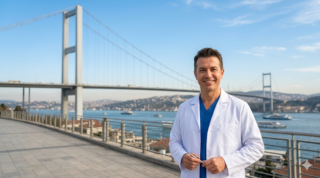 طبيب عيون متميز في إسطنبول يشرح الجودة مقابل تكلفة زراعة العدسات الداخلية في تركيا أمام جسر البوسفور.