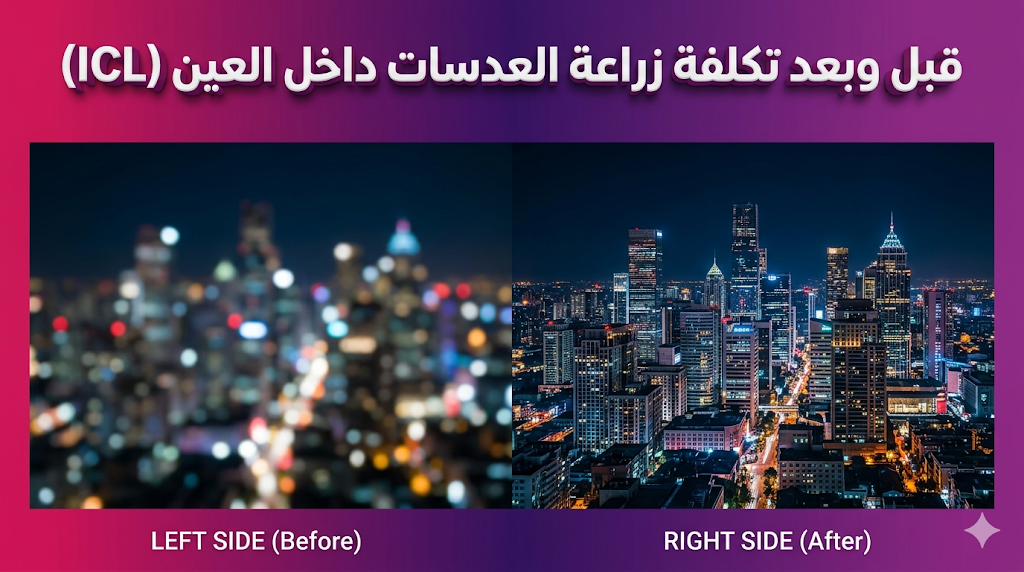 مقارنة قبل وبعد توضح الفرق في جودة الرؤية بعد دفع تكلفة زراعة العدسات داخل العين (ICL).