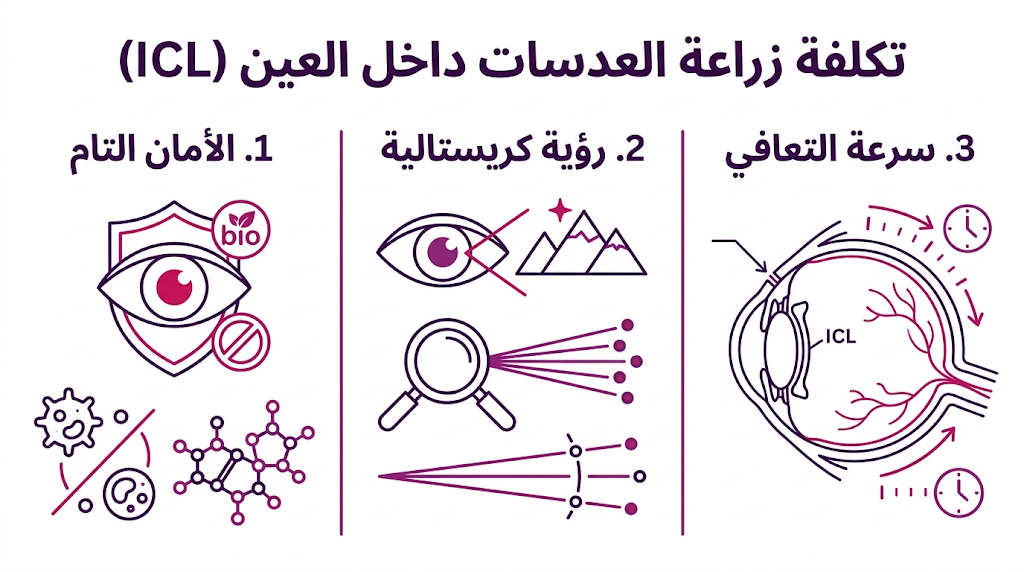 إنفوجرافيك طبي يوضح مزايا تكلفة زراعة العدسات داخل العين (ICL) من حيث الأمان والجودة وسرعة الشفاء.