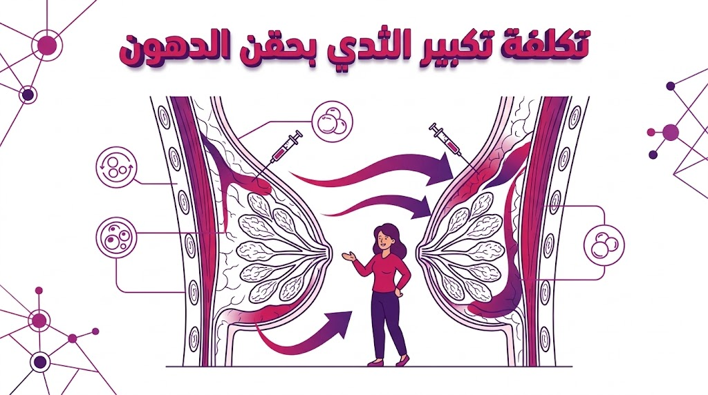 مخطط تشريحي تعليمي يوضح آلية توزيع الدهون في عملية تكلفة تكبير الثدي بحقن الدهون