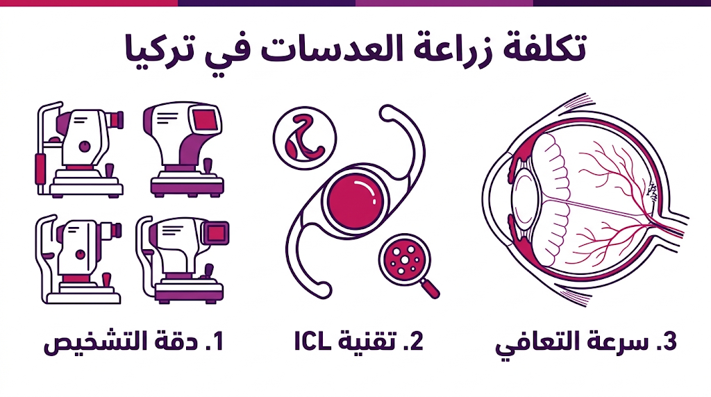 إنفوجرافيك طبي مقسم لثلاثة أقسام يشرح مراحل ومميزات العملية المرتبطة ببحث تكلفة زراعة العدسات في تركيا.