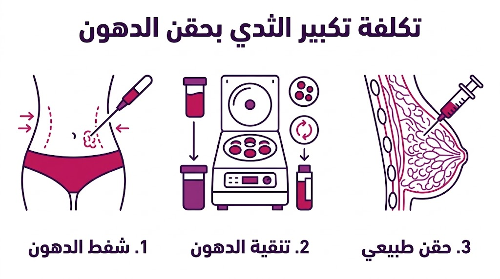  إنفوجرافيك يشرح مراحل شفط وتنقية وحقن الدهون ضمن تكلفة تكبير الثدي بحقن الدهون.