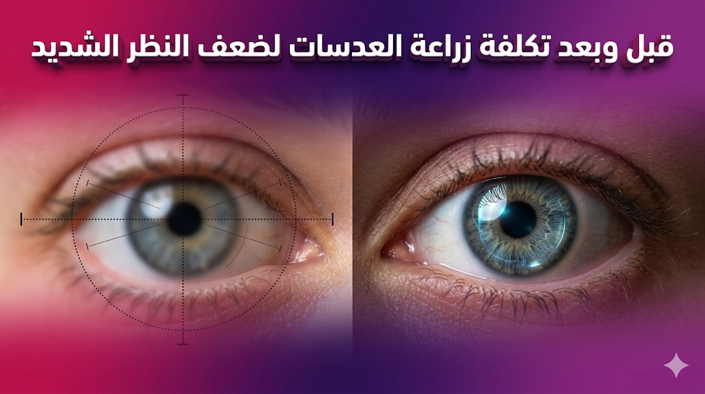 مقارنة قبل وبعد توضح نتائج تكلفة زراعة العدسات لضعف النظر الشديد وتصحيح الرؤية الضبابية.