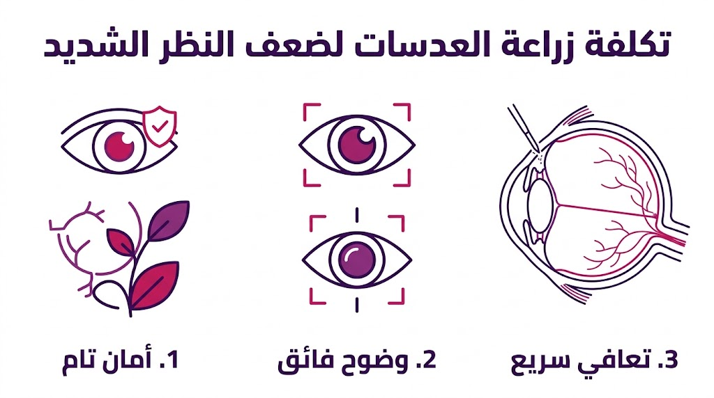 إنفوجرافيك مقسم لثلاثة أقسام يشرح مميزات تكلفة زراعة العدسات لضعف النظر الشديد من حيث الأمان والوضوح والتعافي.