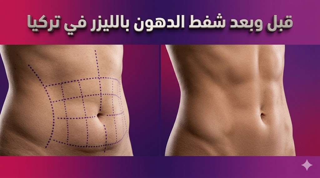 مقارنة قبل وبعد تظهر نتائج شفط الدهون بالليزر في تركيا على منطقة البطن مع تخطيط طبي.