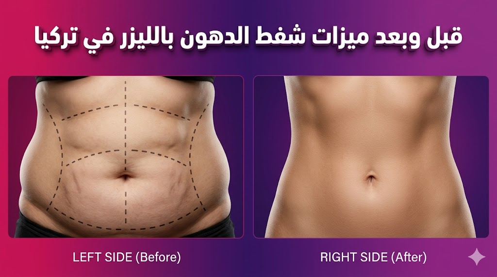 صورة قبل وبعد توضح ميزات شفط الدهون بالليزر في تركيا على منطقة البطن مع علامات تخطيط جراحية ونتائج منحوتة.