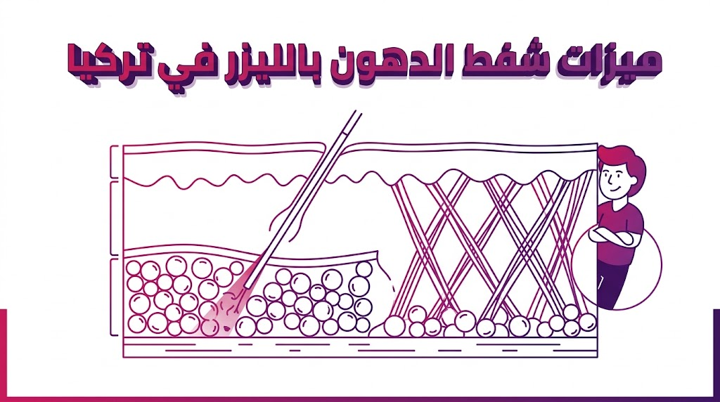  مخطط طبي يوضح آلية عمل الليزر في إذابة الدهون وشد الجلد كأهم ميزات شفط الدهون بالليزر في تركيا.