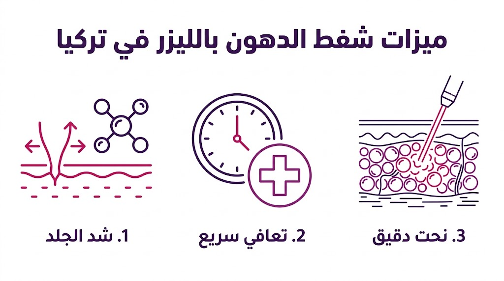  إنفوجرافيك تعليمي يلخص أهم 3 ميزات شفط الدهون بالليزر في تركيا: شد الجلد، التعافي السريع، والنحت الدقيق.