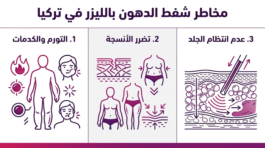 إنفوجرافيك طبي يوضح أهم 3 مخاطر شفط الدهون بالليزر في تركيا وكيفية التعامل معها طبياً.