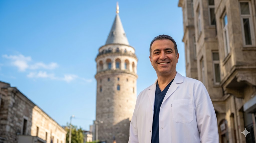 طبيب تجميل متخصص في تركيا أمام برج غالاتا لتقديم استشارات حول مخاطر شفط الدهون بالليزر في تركيا.