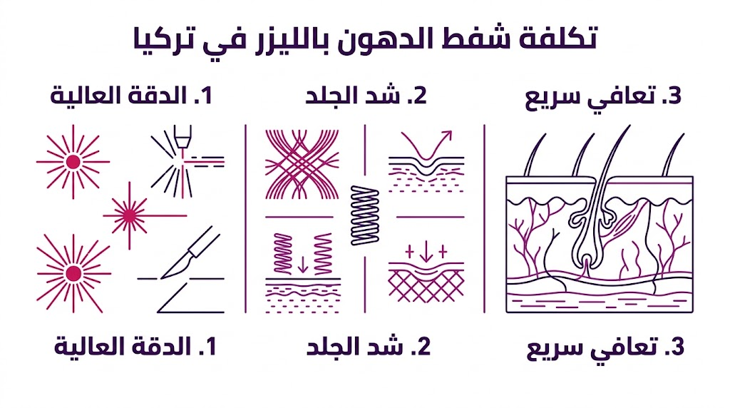 إنفوجرافيك يوضح مميزات وسعر العملية مع ذكر تكلفة شفط الدهون بالليزر في تركيا.