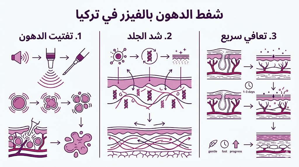 إنفوجرافيك طبي يلخص فوائد شفط الدهون بالفيزر في تركيا: تفتيت الدهون، شد الجلد، والتعافي السريع.