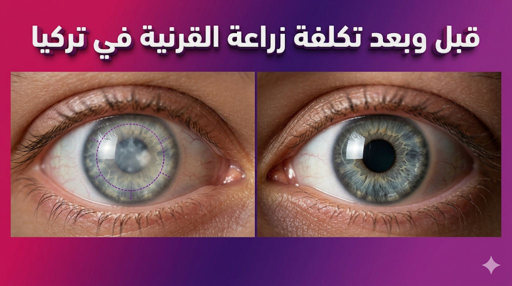 صورة مقارنة "قبل وبعد" توضح نجاح العملية والشفافية المحققة مقابل تكلفة زراعة القرنية في تركيا مع نص عربي ثلاثي الأبعاد.