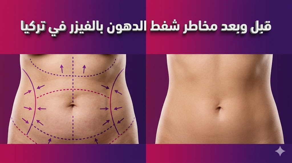  مقارنة قبل وبعد تظهر علامات التخطيط الجراحي والنتائج النهائية لعملية شفط الدهون مع نص "قبل وبعد مخاطر شفط الدهون بالفيزر في تركيا".