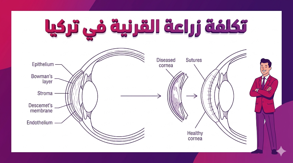إنفوجرافيك تعليمي يوضح تشريح العين والعملية الجراحية المرتبطة بموضوع تكلفة زراعة القرنية في تركيا بأسلوب فني مسطح.