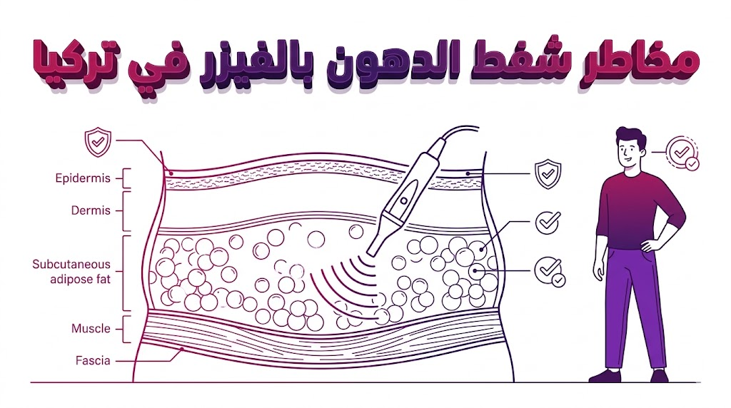 مخطط تشريحي تعليمي يوضح آلية عمل تقنية الفيزر وتأثيرها على طبقات الدهون مع عنوان "مخاطر شفط الدهون بالفيزر في تركيا".