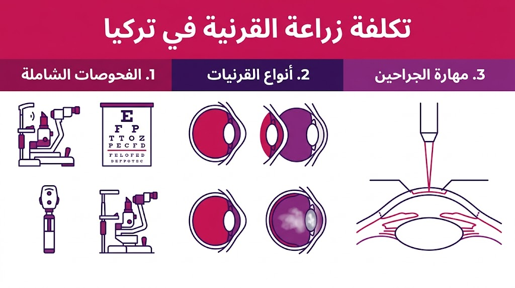 إنفوجرافيك مقسم لثلاثة أقسام يشرح العوامل المؤثرة في تكلفة زراعة القرنية في تركيا مثل الفحوصات وأنواع القرنيات ومهارة الجراح.