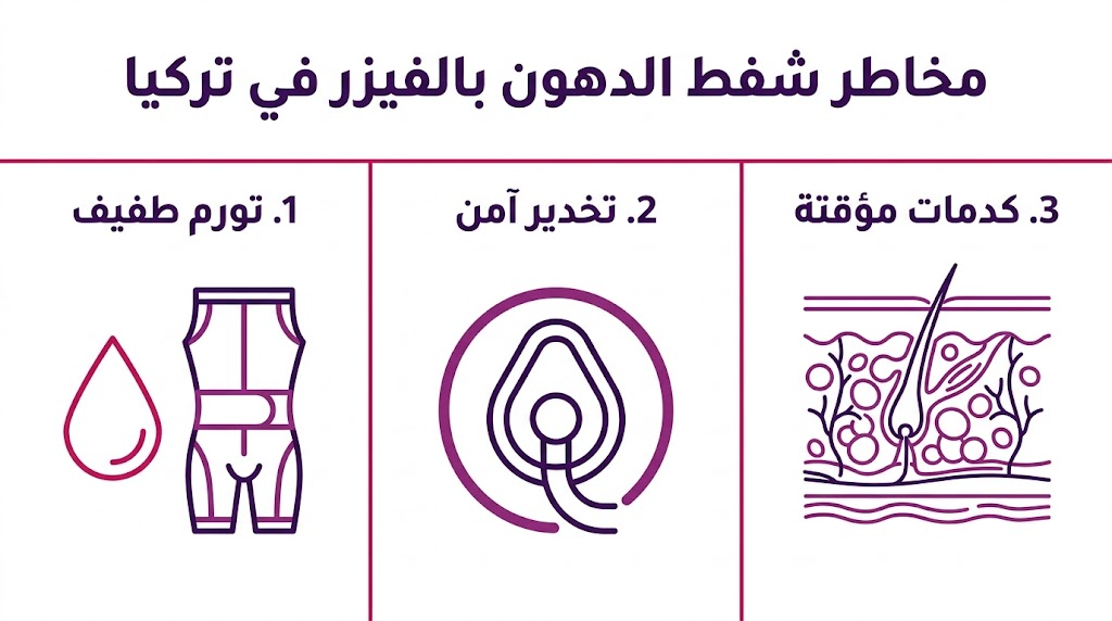 إنفوجرافيك طبي مقسم لثلاثة أقسام يوضح الأعراض الشائعة مثل التورم والكدمات لعملية مخاطر شفط الدهون بالفيزر في تركيا.