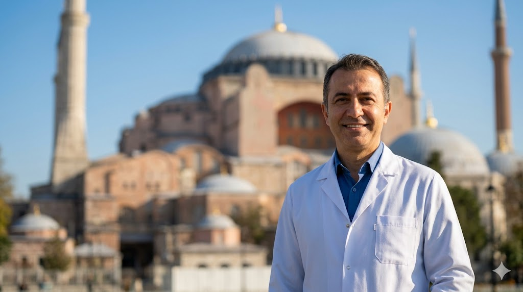 طبيب عيون مبتسم يقف أمام جامع آيا صوفيا في اسطنبول، يمثل جودة الخدمات الطبية مقابل تكلفة زراعة القرنية في تركيا.