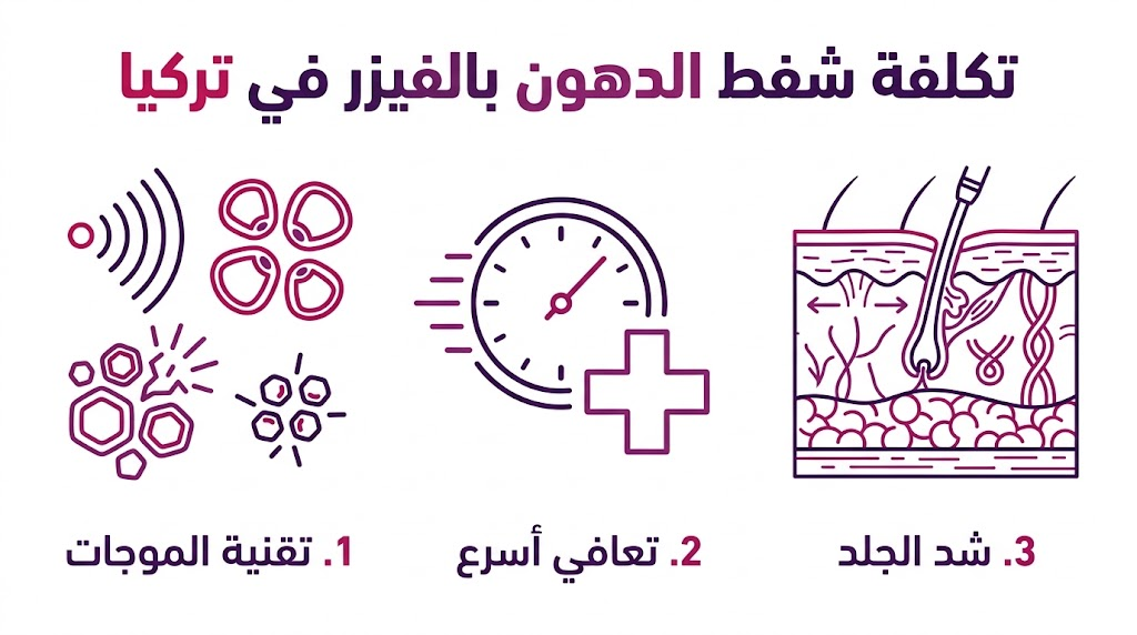  بوستر إنفوجرافيك تعليمي يشرح مميزات تكلفة شفط الدهون بالفيزر في تركيا عبر ثلاثة أقسام رئيسية.