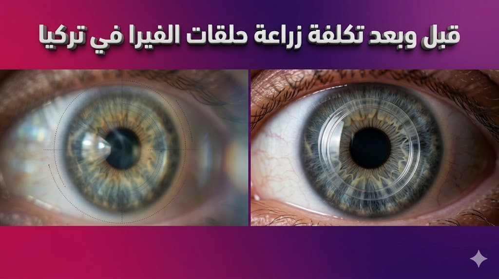 مقارنة قبل وبعد تظهر نتائج جراحة العين مع ذكر تكلفة زراعة حلقات الفيرا في تركيا ووضوح القرنية.