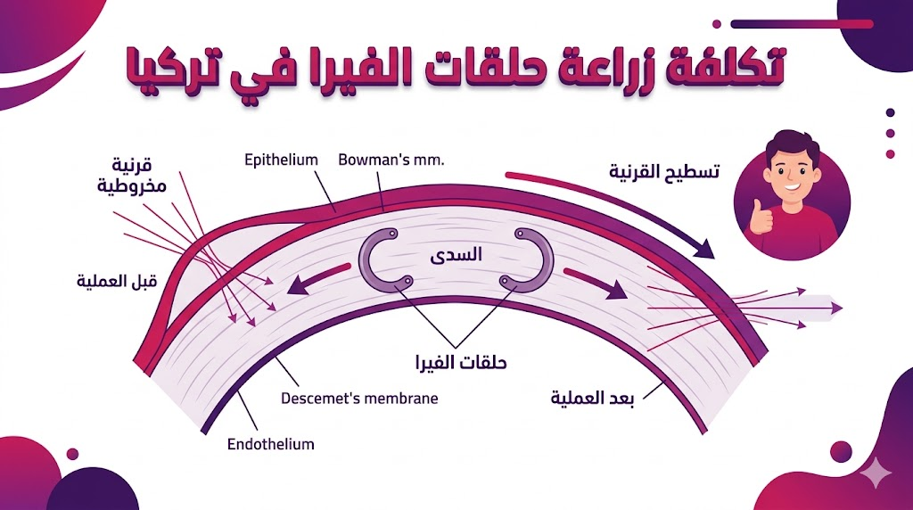 مخطط إنفوجرافيك طبي يوضح الجانب العلمي والتشريحي لعملية تكلفة زراعة حلقات الفيرا في تركيا.